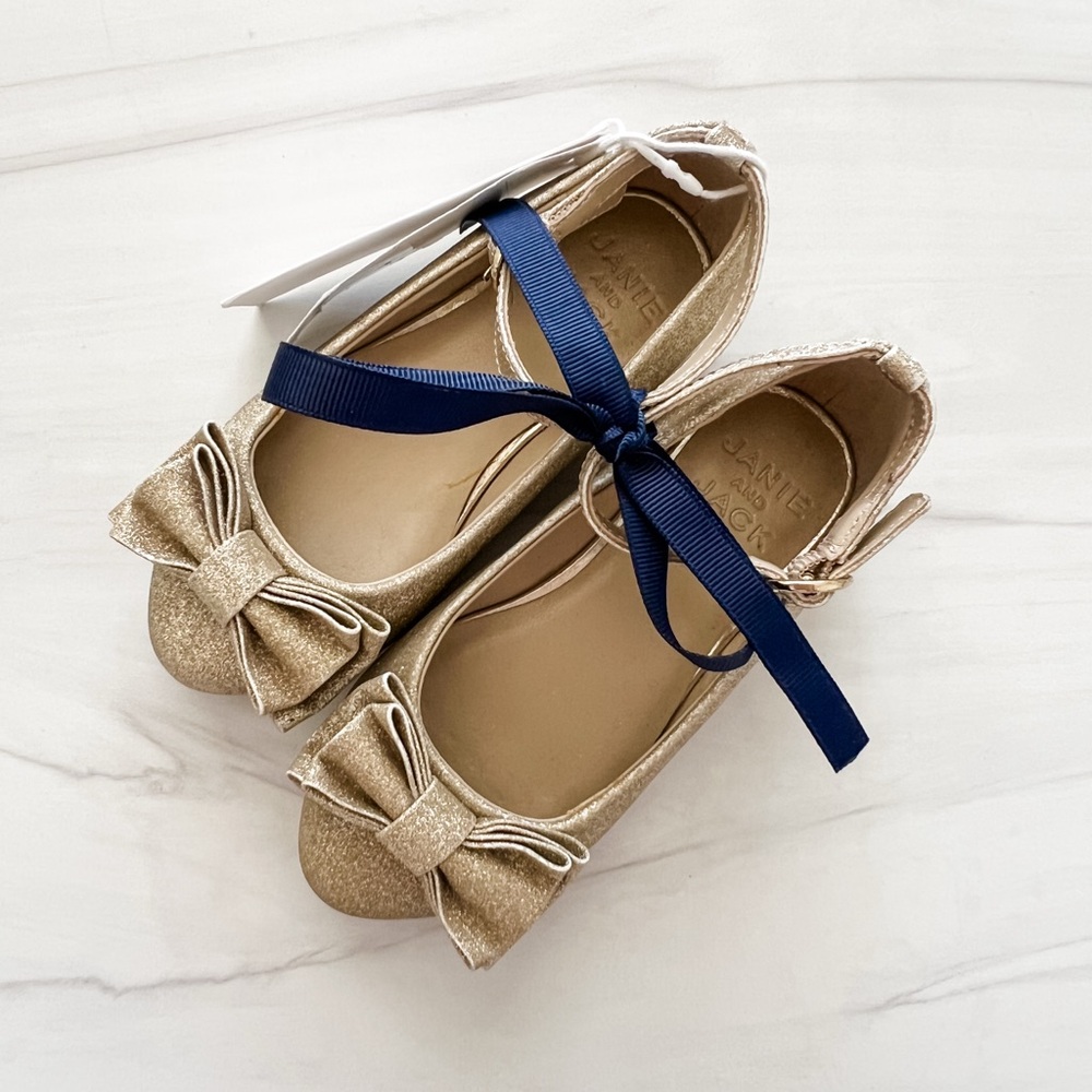 NWT! Janie and Jack Glittery Gold Flats with Bow